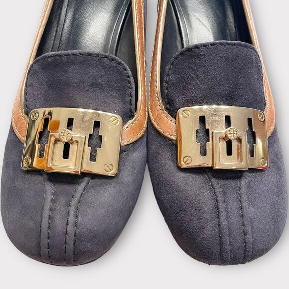TORY BURCH navy suede & brown leather block career office heels size 7.5 - Picture 3 of 9
